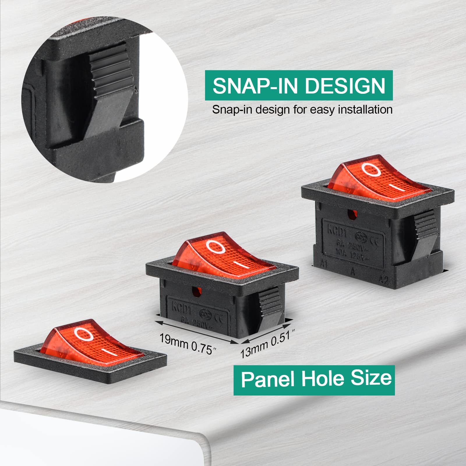 QTEATAK KCD1 On/Off 3-Pin 2-Position Snap 10A/125V, 6A/250V Red